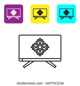 Black line Merry Christmas on television and snowflake icon isolated on white background. Happy New Year. Set icons colorful square buttons. Vector Illustration