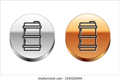 Black line Metal beer keg icon isolated on white background. Silver-gold circle button. Vector Illustration