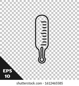 Black line Meteorology thermometer measuring icon isolated on transparent background. Thermometer equipment showing hot or cold weather.  Vector Illustration