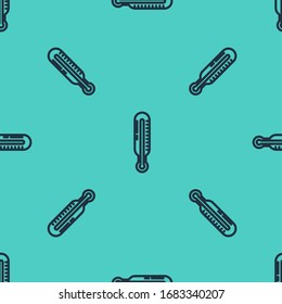 Black line Meteorology thermometer measuring icon isolated seamless pattern on green background. Thermometer equipment showing hot or cold weather.  Vector Illustration