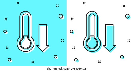 Black line Meteorology thermometer measuring icon isolated on green and white background. Thermometer equipment showing hot or cold weather. Random dynamic shapes. Vector