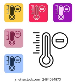 Black line Meteorology thermometer measuring icon isolated on white background. Thermometer equipment showing hot or cold weather. Set icons in color square buttons. Vector
