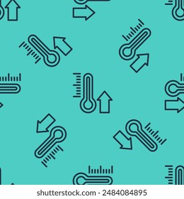 Black line Meteorology thermometer measuring icon isolated seamless pattern on green background. Thermometer equipment showing hot or cold weather.  Vector