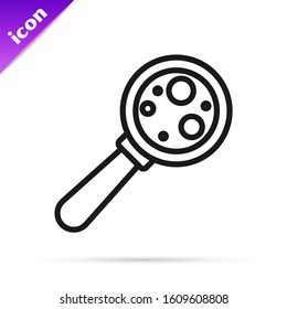 Black line Microorganisms under magnifier icon isolated on white background. Bacteria and germs, cell cancer, microbe, virus, fungi.  Vector Illustration