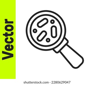 Black line Microorganisms under magnifier icon isolated on white background. Bacteria and germs, cell cancer, microbe, virus, fungi.  Vector