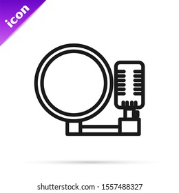 Black line Microphone icon isolated on white background. On air radio mic microphone. Speaker sign.  Vector Illustration