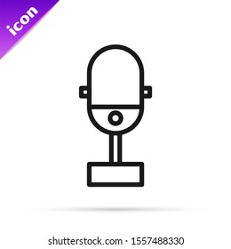 Black line Microphone icon isolated on white background. On air radio mic microphone. Speaker sign.  Vector Illustration