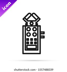 Black line Microphone icon isolated on white background. On air radio mic microphone. Speaker sign.  Vector Illustration