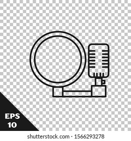 Black line Microphone icon isolated on transparent background. On air radio mic microphone. Speaker sign.  Vector Illustration