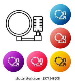 Black line Microphone icon isolated on white background. On air radio mic microphone. Speaker sign. Set icons colorful circle buttons. Vector Illustration