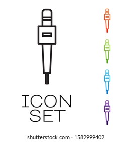 Black line Microphone icon isolated on white background. On air radio mic microphone. Speaker sign. Set icons colorful. Vector Illustration