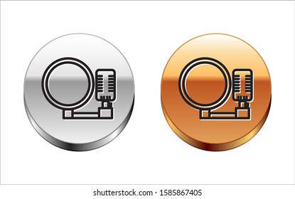 Black line Microphone icon isolated on white background. On air radio mic microphone. Speaker sign. Silver-gold circle button. Vector Illustration