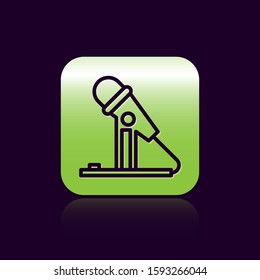 Black line Microphone icon isolated on black background. On air radio mic microphone. Speaker sign. Green square button. Vector Illustration