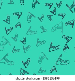 Black line Microphone icon isolated seamless pattern on green background. On air radio mic microphone. Speaker sign.  Vector Illustration