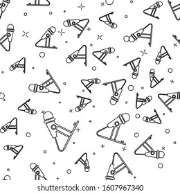 Black line Microphone icon isolated seamless pattern on white background. On air radio mic microphone. Speaker sign.  Vector Illustration