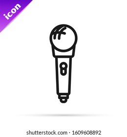 Black line Microphone icon isolated on white background. On air radio mic microphone. Speaker sign.  Vector Illustration