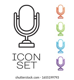 Black line Microphone icon isolated on white background. On air radio mic microphone. Speaker sign. Set icons colorful. Vector Illustration