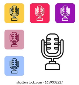 Black line Microphone icon isolated on white background. On air radio mic microphone. Speaker sign. Set icons in color square buttons. Vector Illustration