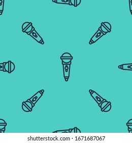 Black line Microphone icon isolated seamless pattern on green background. On air radio mic microphone. Speaker sign.  Vector Illustration