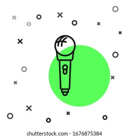Icono de micrófono de línea negra aislado en fondo blanco. En el micrófono del micrófono de la radio de aire. Signo del altavoz.  Ilustración vectorial