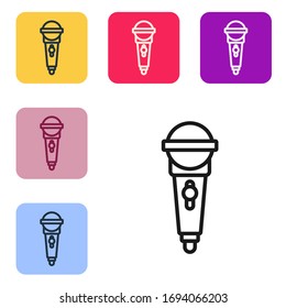 Black line Microphone icon isolated on white background. On air radio mic microphone. Speaker sign. Set icons in color square buttons. Vector Illustration