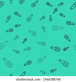 Black line Microphone icon isolated seamless pattern on green background. On air radio mic microphone. Speaker sign.  Vector
