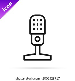 Black line Microphone icon isolated on white background. On air radio mic microphone. Speaker sign.  Vector