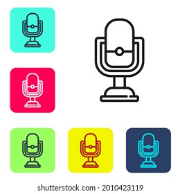 Icono de micrófono de línea negra aislado en fondo blanco. En el micrófono del micrófono del radio de aire. Firma del altavoz. Establezca iconos en los botones cuadrados de color. Vector