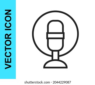 Black line Microphone icon isolated on white background. On air radio mic microphone. Speaker sign.  Vector