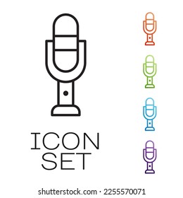 Black line Microphone icon isolated on white background. On air radio mic microphone. Speaker sign. Set icons colorful. Vector Illustration