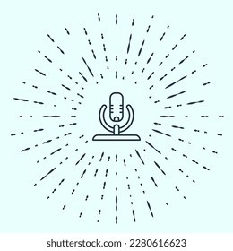 Black line Microphone icon isolated on grey background. On air radio mic microphone. Speaker sign. Abstract circle random dots. Vector