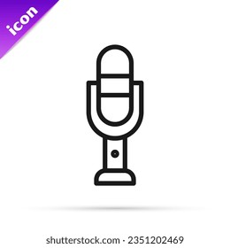 Icono de micrófono de línea negra aislado en fondo blanco. En el micrófono del micrófono del radio de aire. Firma del altavoz.  Ilustración vectorial