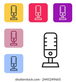 Línea negra Icono de micrófono aislado sobre fondo blanco. Micrófono de radio en el aire. Signo del altavoz. Establecer iconos en Botones cuadrados de color. Vector