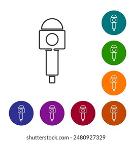 Black line Microphone icon isolated on white background. On air radio mic microphone. Speaker sign. Set icons in color circle buttons. Vector