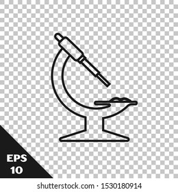 Black line Microscope icon isolated on transparent background. Chemistry, pharmaceutical instrument, microbiology magnifying tool.  Vector Illustration
