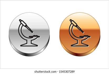 Black line Microscope icon isolated on white background. Chemistry, pharmaceutical instrument, microbiology magnifying tool. Silver-gold circle button. Vector Illustration