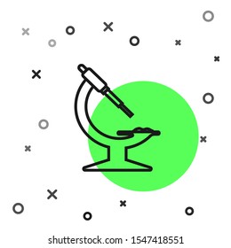 Black line Microscope icon isolated on white background. Chemistry, pharmaceutical instrument, microbiology magnifying tool.  Vector Illustration