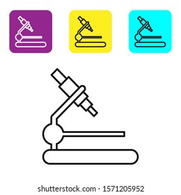 Black line Microscope icon isolated on white background. Chemistry, pharmaceutical instrument, microbiology magnifying tool. Set icons colorful square buttons. Vector Illustration