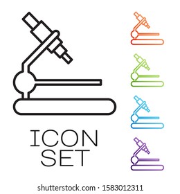Black line Microscope icon isolated on white background. Chemistry, pharmaceutical instrument, microbiology magnifying tool. Set icons colorful. Vector Illustration