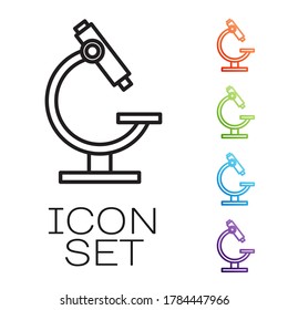 Black line Microscope icon isolated on white background. Chemistry, pharmaceutical instrument, microbiology magnifying tool. Set icons colorful. Vector Illustration