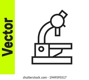 Icono de Microscopio de línea negra aislado en fondo blanco. Química, instrumento farmacéutico, herramienta de magnificación microbiológica.  Vector
