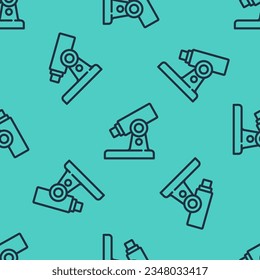 Black line Microscope icon isolated seamless pattern on green background. Chemistry, pharmaceutical instrument, microbiology magnifying tool.  Vector