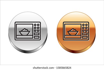 Black line Microwave oven icon isolated on white background. Home appliances icon. Silver-gold circle button. Vector Illustration