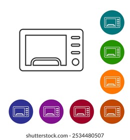 Black line Microwave oven icon isolated on white background. Home appliances icon. Set icons in color circle buttons. Vector