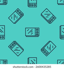 Black line Microwave oven icon isolated seamless pattern on green background. Home appliances icon.  Vector