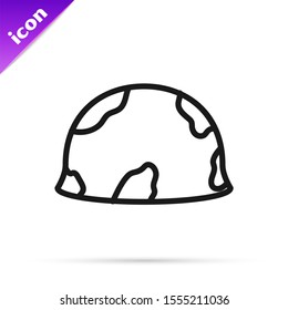 Black line Military helmet icon isolated on white background. Army hat symbol of defense and protect. Protective hat.  Vector Illustration
