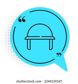 Black line Military helmet icon isolated on white background. Army hat symbol of defense and protect. Protective hat. Blue speech bubble symbol. Vector
