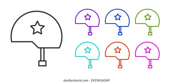 Black line Military helmet icon isolated on white background. Army hat symbol of defense and protect. Protective hat. Set icons colorful. Vector Illustration