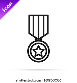 Black line Military reward medal icon isolated on white background. Army sign.  Vector Illustration