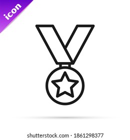 Black line Military reward medal icon isolated on white background. Army sign.  Vector